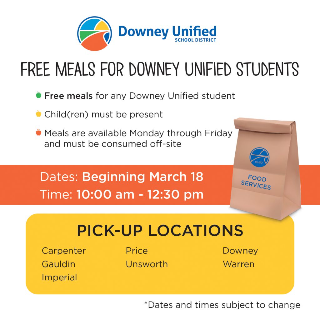 Flyer for free meal details. Child(ren) must be present. Available Monday-Friday from 10 am to 12:30 pm at Carpenter, Gauldin, Imperial, Price, Unsworth, Downey, and Warren. Dates and times subject to change.