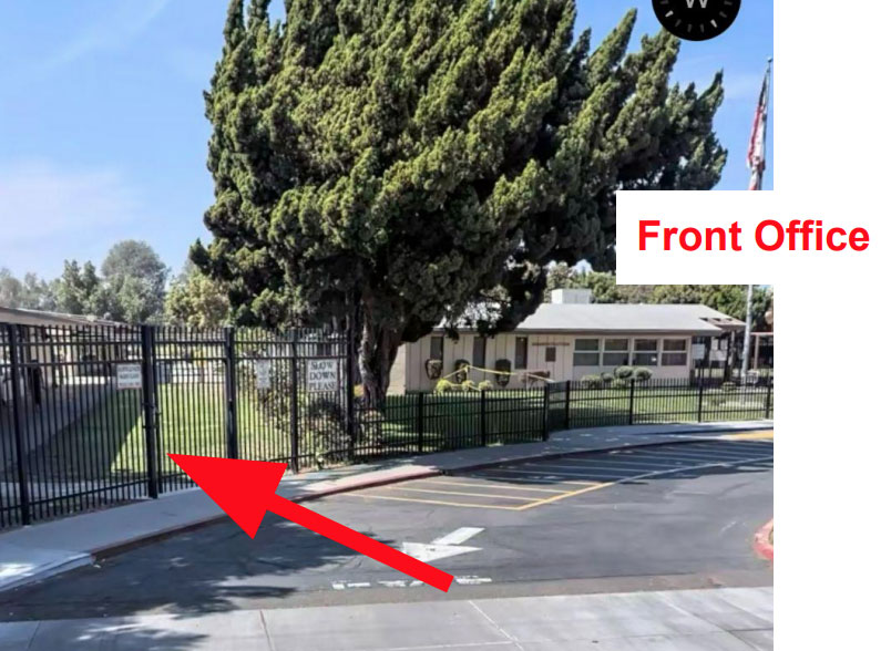 Arrow pointing to main gate with front office labeled.