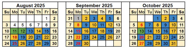August, sept, Oct blue and gold calendar