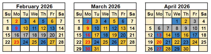 Feb, March, April blue gold schedule<br />
